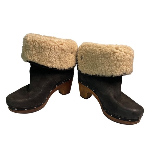 UGG Womens MOUTON Boot Roll Top BLACK Leather Heels Boots 3207 Size 6 - Picture 6 of 12